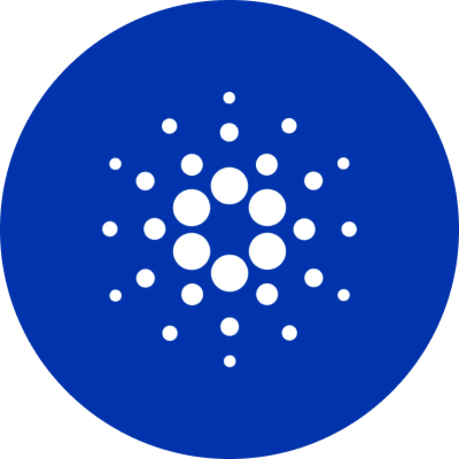 Blue circle containing a symmetrical radial pattern of white dots on a black background.